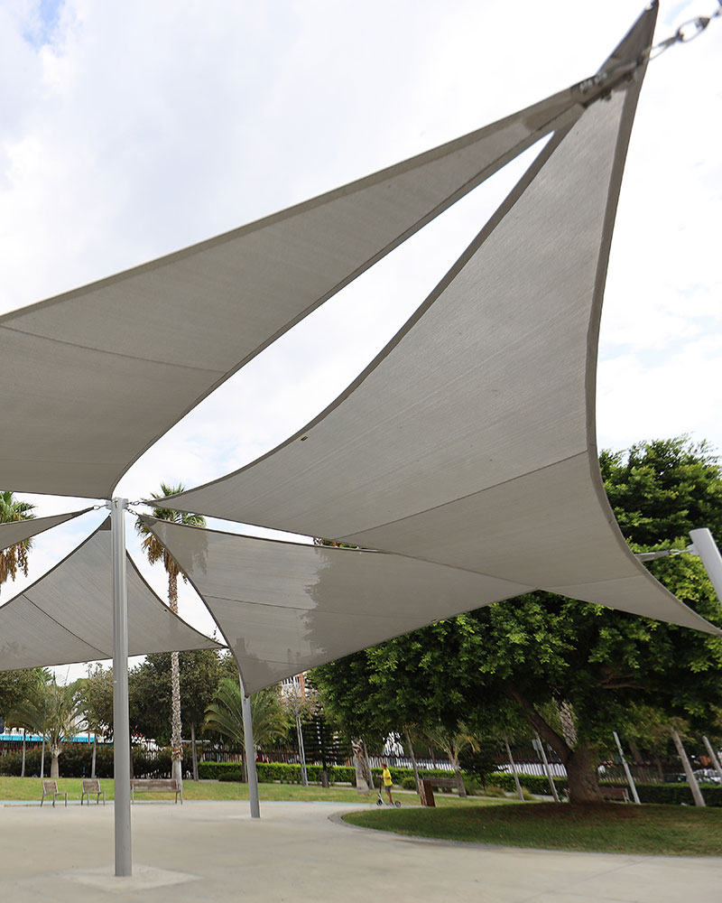 Shade structure sails for outside communal spaces for businesses.